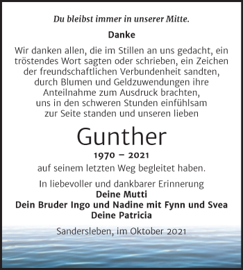 Traueranzeige von Gunther  von Trauerkombi Aschersleben