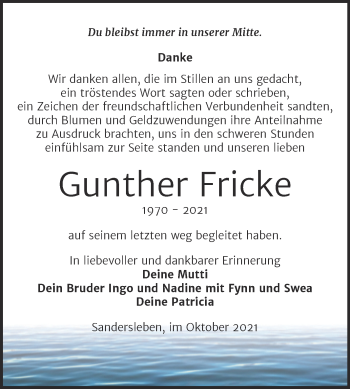 Traueranzeige von Gunther Fricke von Trauerkombi Aschersleben