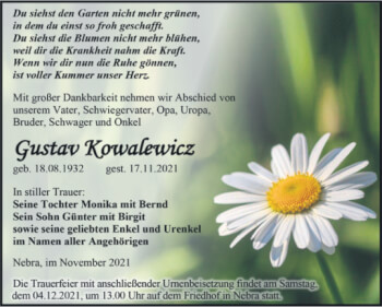 Traueranzeige von Gustav Kowalewicz von Naumburger Tageblatt