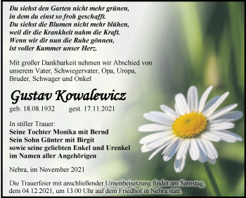 Traueranzeige von Gustav Kowalewicz von Wochenspiegel Naumburg/Nebra