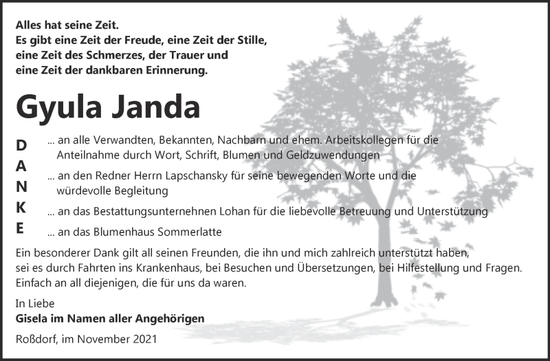  Traueranzeige für Gyula Janda vom 24.11.2021 aus Trauerkombi Bitterfeld