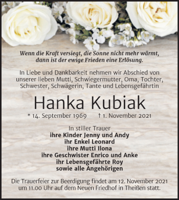 Traueranzeige von Hanka Kubiak von Trauerkombi Zeitz