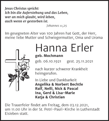 Traueranzeige von Hanna Erler von Mitteldeutsche Zeitung Mansfelder Land