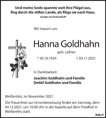 Traueranzeige von Hanna Goldhahn von Trauerkombi Weißenfels