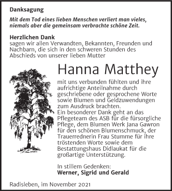 Traueranzeige von Hanna Matthey von Super Sonntag Quedlingburg