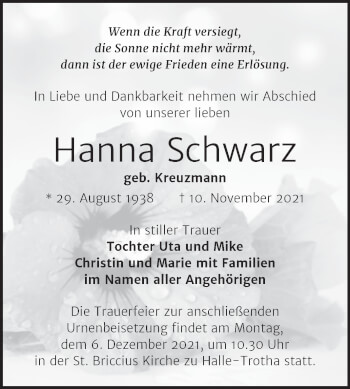 Traueranzeige von Hanna Schwarz von Mitteldeutsche Zeitung Halle/Saalkreis