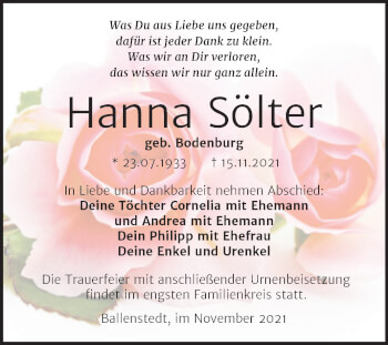 Traueranzeige von Hanna Sölter von Trauerkombi Quedlinburg
