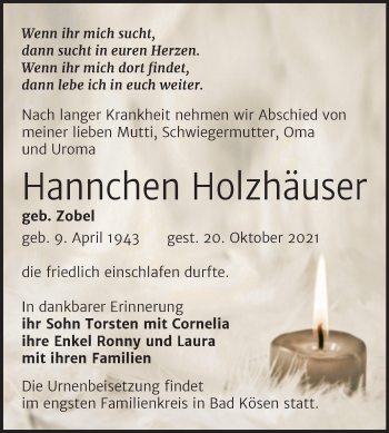 Traueranzeige von Hannchen Holzhäuser von Wochenspiegel Naumburg/Nebra