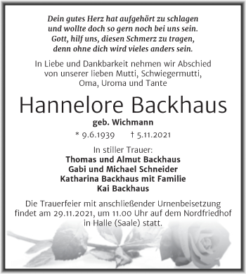Traueranzeige von Hannelore Backhaus von Mitteldeutsche Zeitung Halle/Saalkreis