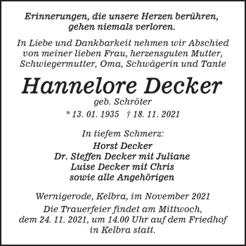 Traueranzeige von Hannelore Decker von Mitteldeutsche Zeitung Sangerhausen