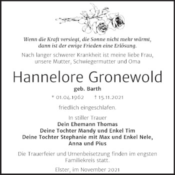 Traueranzeige von Hannelore Gronewold von Trauerkombi Wittenberg