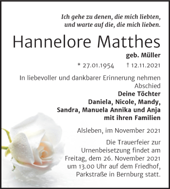 Traueranzeige von Hannelore Matthes von Trauerkombi Bernburg