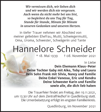 Traueranzeige von Hannelore Schneider von Trauerkombi Quedlinburg