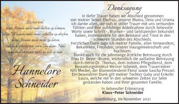 Traueranzeige von Hannelore Schneider von Trauerkombi Quedlinburg