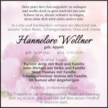 Traueranzeige von Hannelore Wellner von Trauerkombi Merseburg