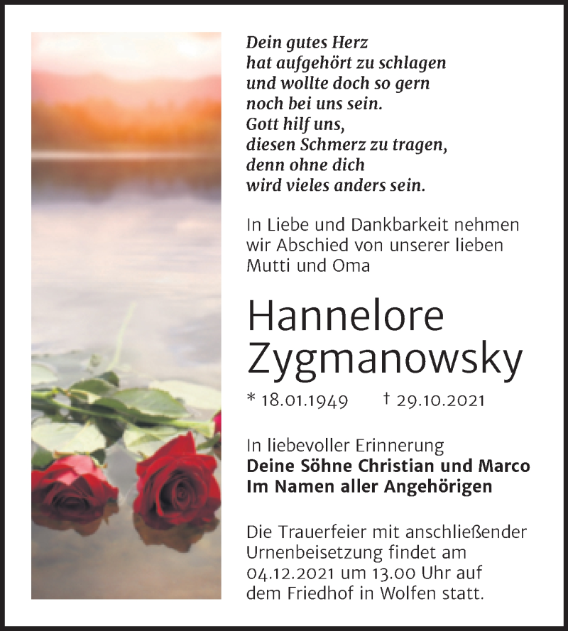  Traueranzeige für Hannelore Zygmanowsky vom 10.11.2021 aus Trauerkombi Bitterfeld