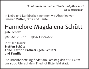 Traueranzeige von Hannelore Magdalena Schütt von Trauerkombi Bitterfeld