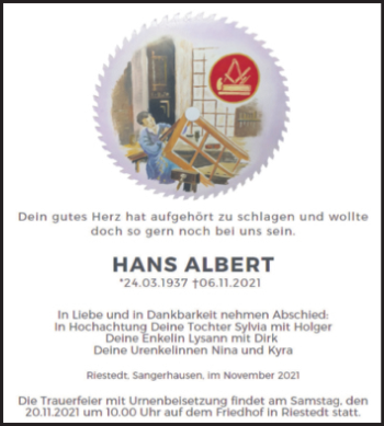 Traueranzeige von Hans Albert von Trauerkombi Sangerhausen