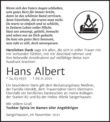 Traueranzeige von Hans Albert von Trauerkombi Sangerhausen