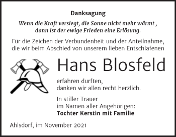 Traueranzeige von Hans Blosfeld von Trauerkombi Mansfelder Land