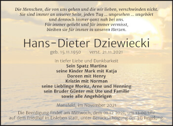 Traueranzeige von Hans-Dieter Dziewiecki von Trauerkombi Mansfelder Land