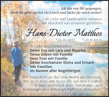 Traueranzeige von Hans-Dieter Matthes von Mitteldeutsche Zeitung Merseburg/Querfurt