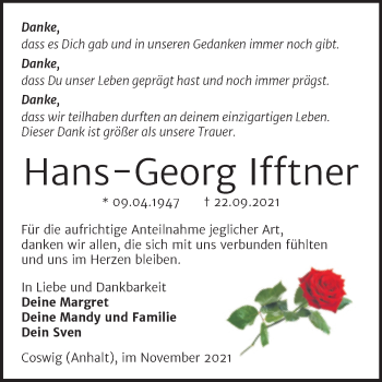 Traueranzeige von Hans-Georg Ifftner von Trauerkombi Wittenberg