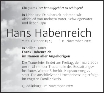 Traueranzeige von Hans Habenreich von Trauerkombi Quedlinburg