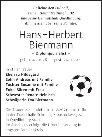 Traueranzeige von Hans-Herbert Biermann von Mitteldeutsche Zeitung Halle/Saalkreis
