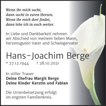 Traueranzeige von Hans-Joachim Berge von Trauerkombi Wittenberg