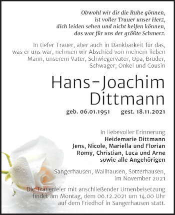 Traueranzeige von Hans-Joachim Dittmann von Trauerkombi Sangerhausen