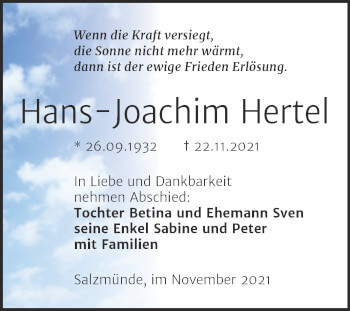 Traueranzeige von Hans-Joachim Hertel von Trauerkombi Weißenfels