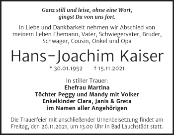 Traueranzeige von Hans-Joachim Kaiser von Trauerkombi Merseburg