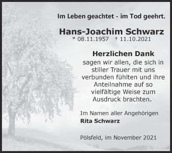 Traueranzeige von Hans-Joachim Schwarz von Trauerkombi Sangerhausen