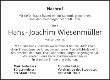 Traueranzeige von Hans-Joachim Wiesenmüller von Mitteldeutsche Zeitung Quedlingburg