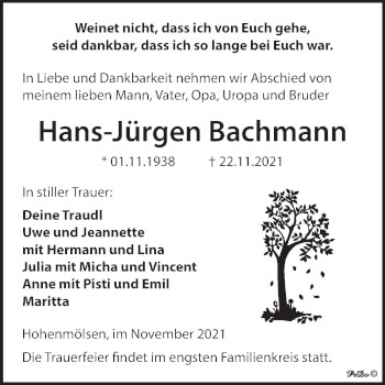 Traueranzeige von Hans-Jürgen Bachmann von Trauerkombi Weißenfels