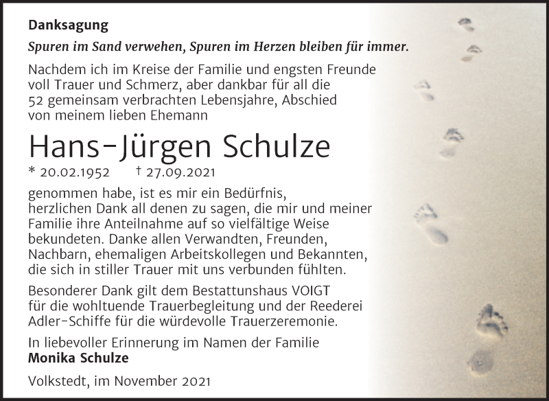  Traueranzeige für Hans-Jürgen Schulze vom 13.11.2021 aus Trauerkombi Mansfelder Land