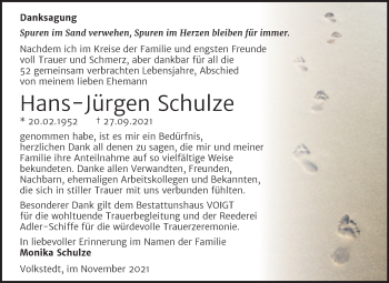 Traueranzeige von Hans-Jürgen Schulze von Trauerkombi Mansfelder Land