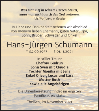 Traueranzeige von Hans-Jürgen Schumann von Trauerkombi Zeitz