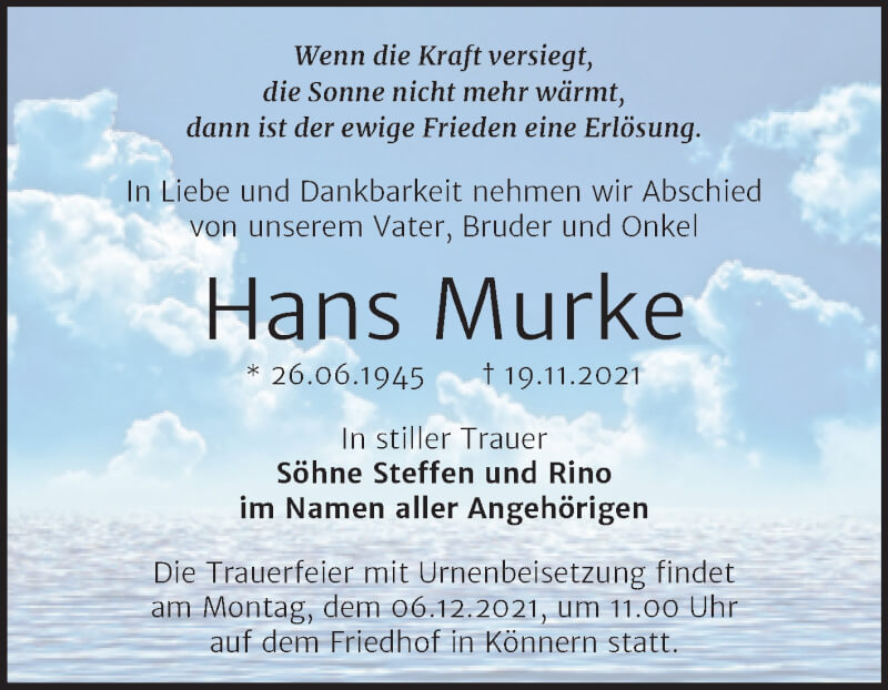  Traueranzeige für Hans Murke vom 27.11.2021 aus Trauerkombi Bernburg