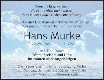Traueranzeige von Hans Murke von Trauerkombi Bernburg