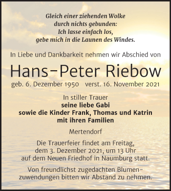 Traueranzeige von Hans-Peter Riebow von Naumburger Tageblatt