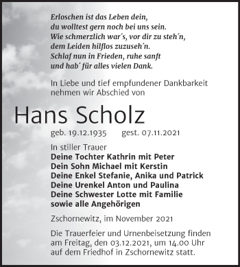 Traueranzeige von Hans Scholz von Trauerkombi Wittenberg