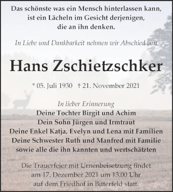 Traueranzeige von Hans Zschietzschker von Trauerkombi Bitterfeld
