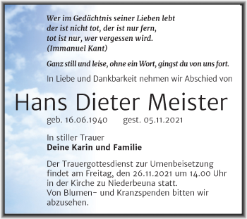 Traueranzeige von Hans Dieter Meister von Trauerkombi Merseburg