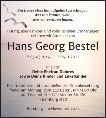 Traueranzeige von Hans Georg Bestel von Trauerkombi Bernburg