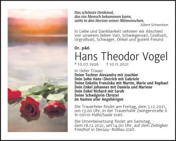 Traueranzeige von Hans Theodor Vogel von Mitteldeutsche Zeitung Halle/Saalkreis