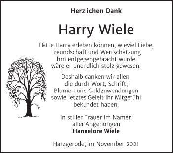 Traueranzeige von Harry Wiele von Trauerkombi Quedlinburg