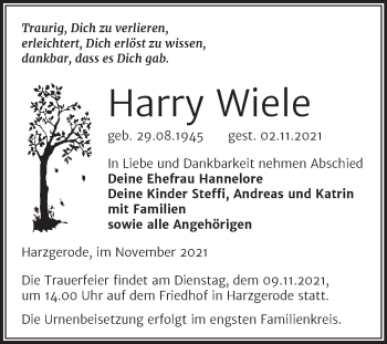 Traueranzeige von Harry Wiele von Super Sonntag Quedlingburg