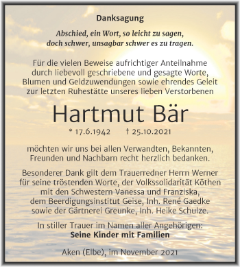 Traueranzeige von Hartmut Bär von Trauerkombi Köthen